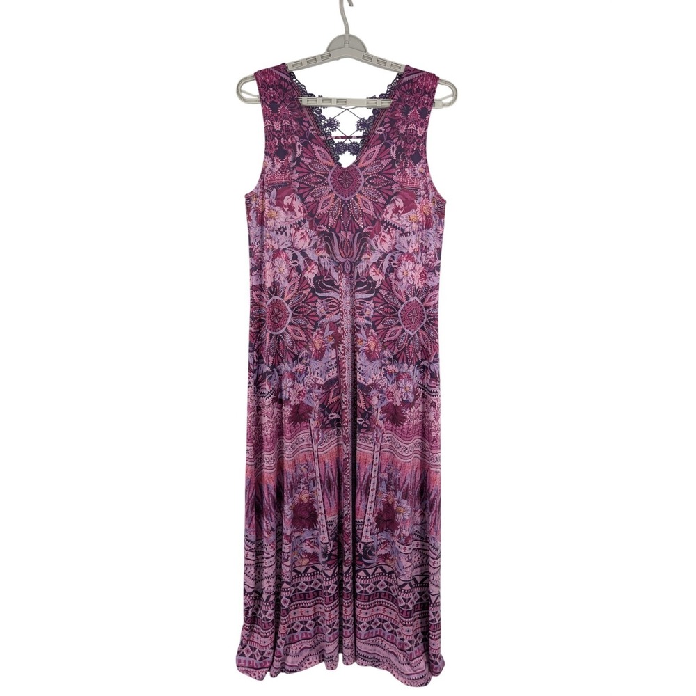Mandala Print Maxi Dress M Tall Purple Pink Lace Back Boho Chic Sleeveless Fairy